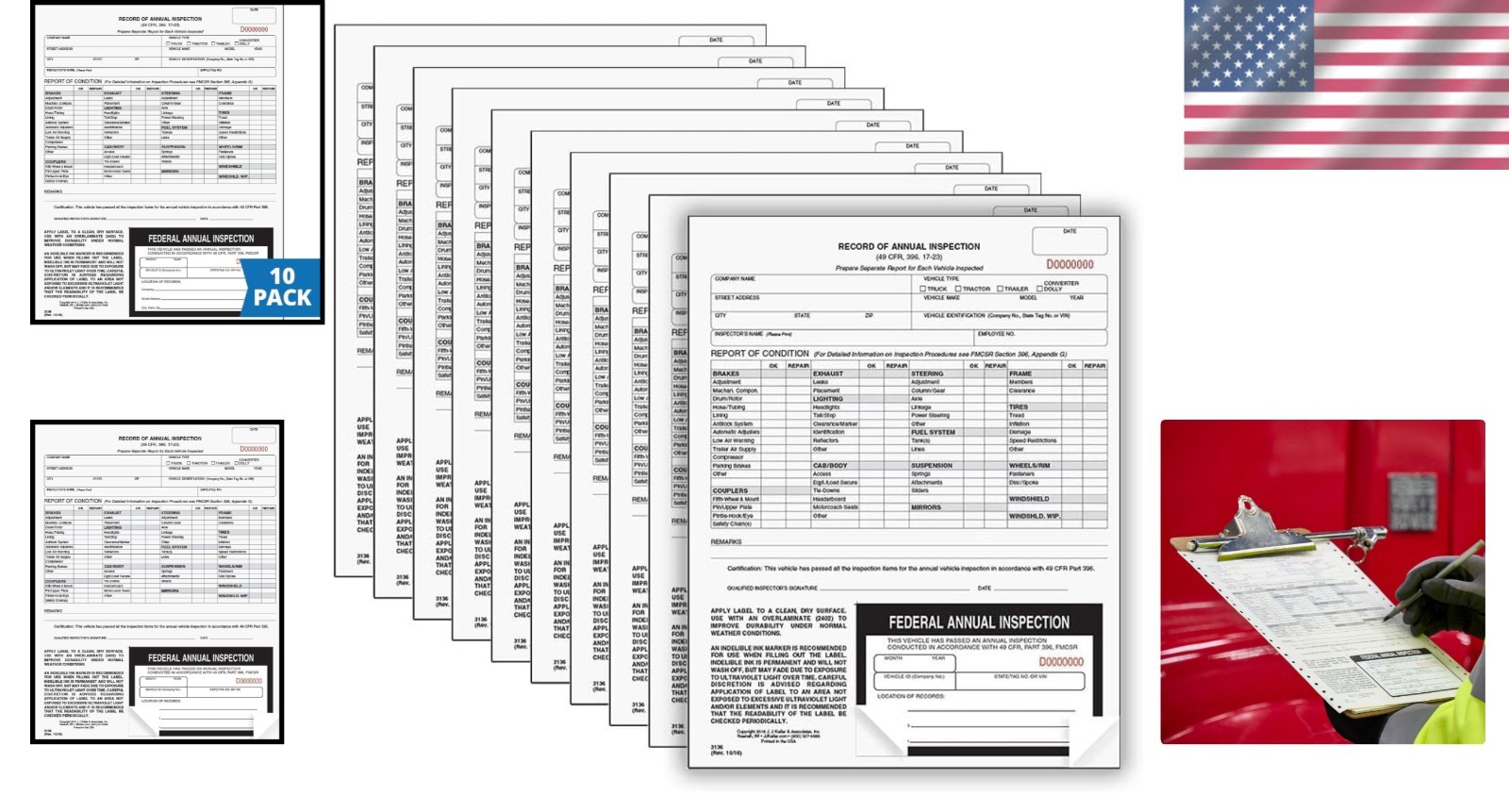 10-Pack Carbonless Annual Vehicle Inspection Forms with Fade Resistant Labels