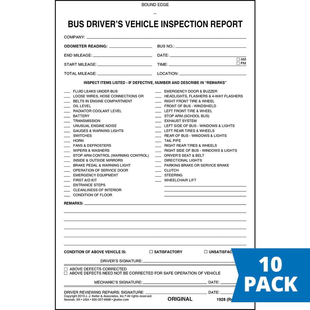 Bus Driver’s Vehicle Inspection Report 10-pk., 2-Ply Carbonless, 5.5″ x 8.13″