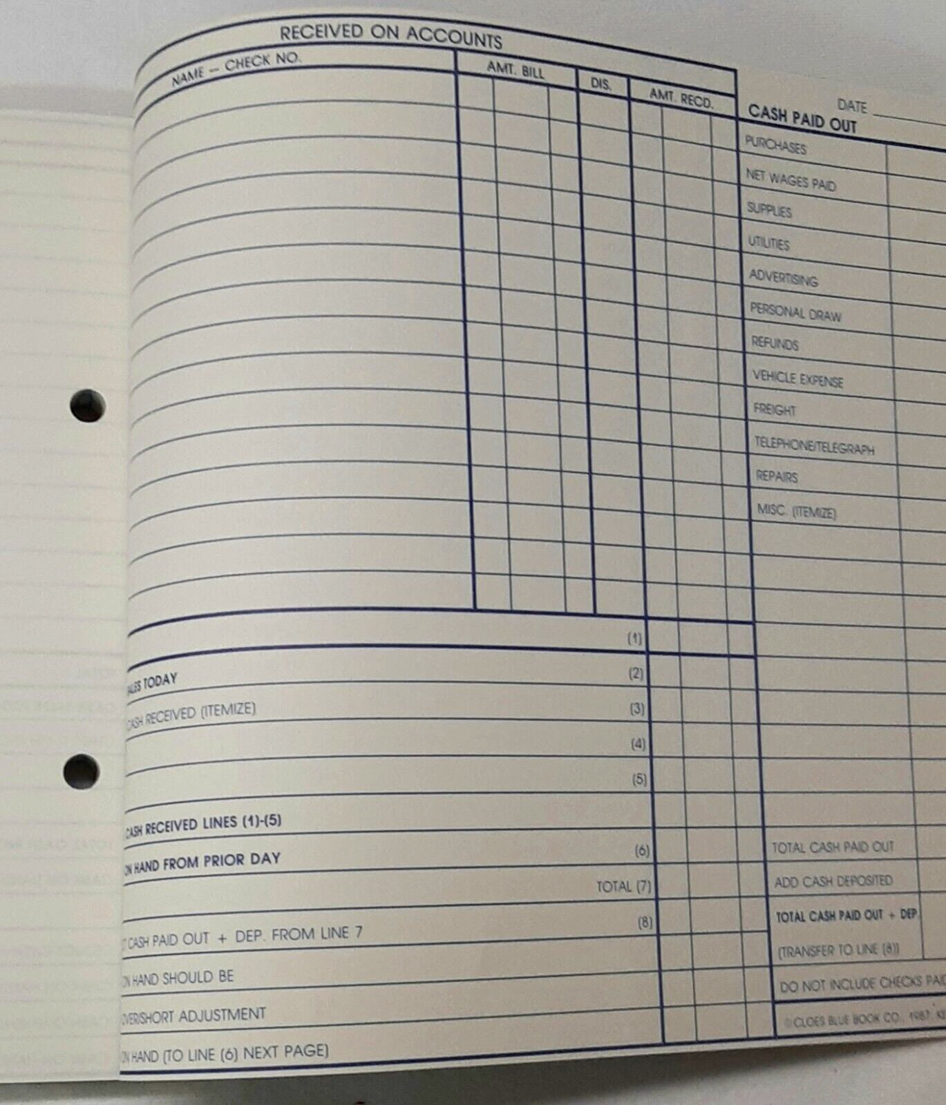 Cloes Blue Book Daily Cash Report Form DC 1987 Record Keeping Booklet Carbon