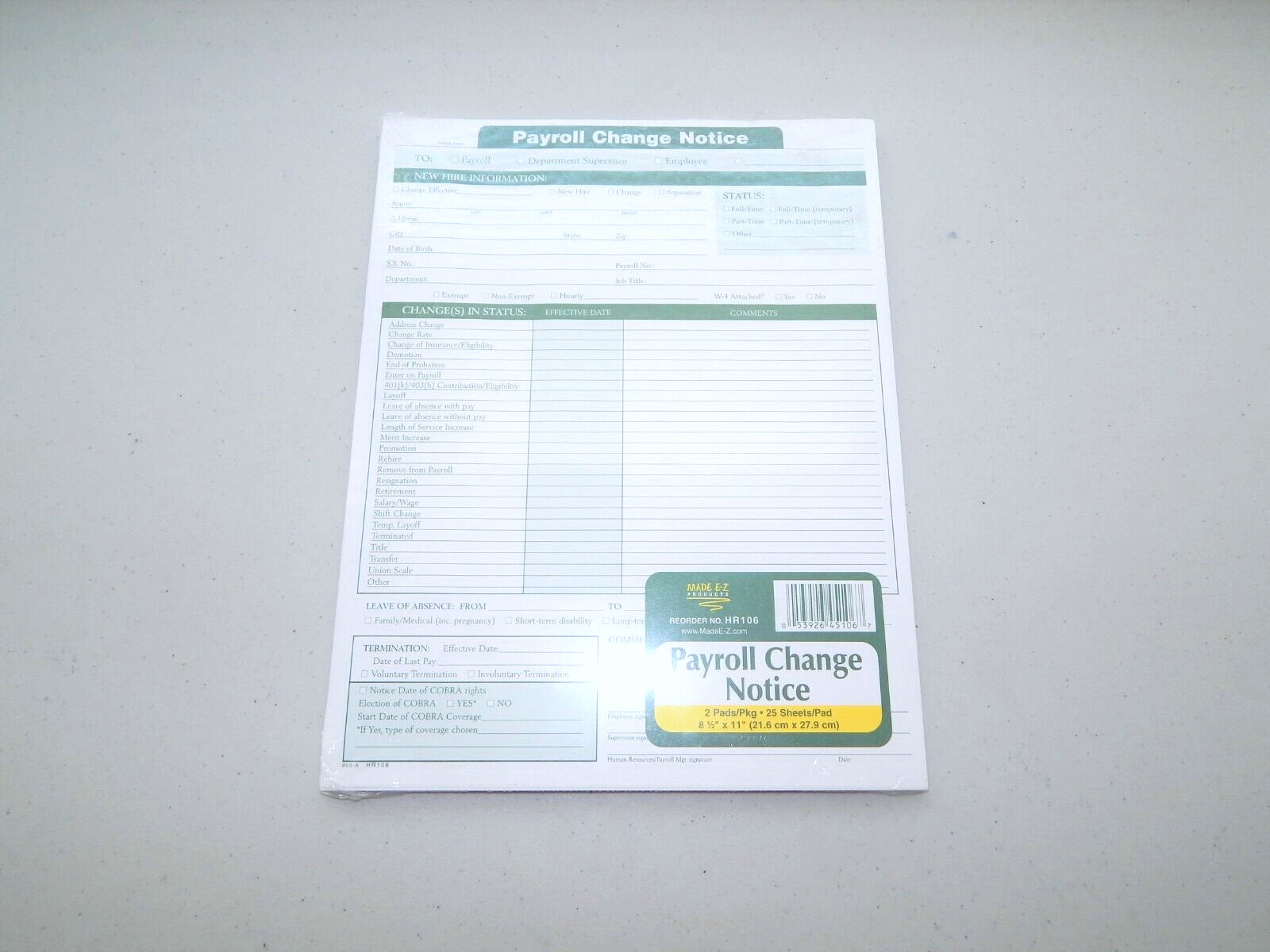E-Z Products Payroll Change Notice 8-1/2″ x 11″ – 50 Sheets FREE SHIPPING