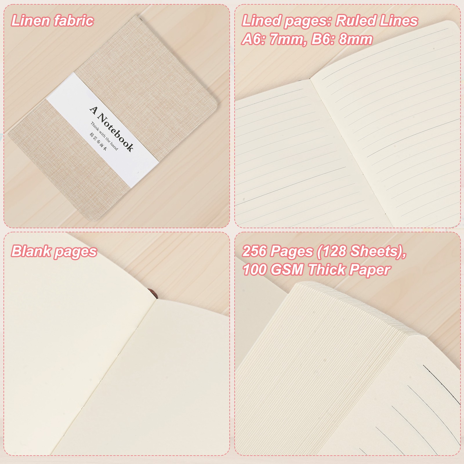Linen Journal Notebook, 256 Pages 100 Gsm B6（5×7） Hardcover Journals (Apricot)