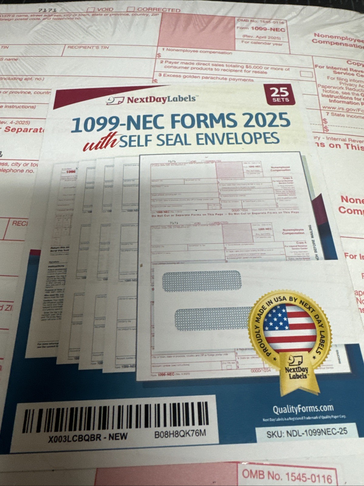 Next Day Labels 1099 NEC Forms 2025 With Self Seal Envelopes 25 Sets Unopened
