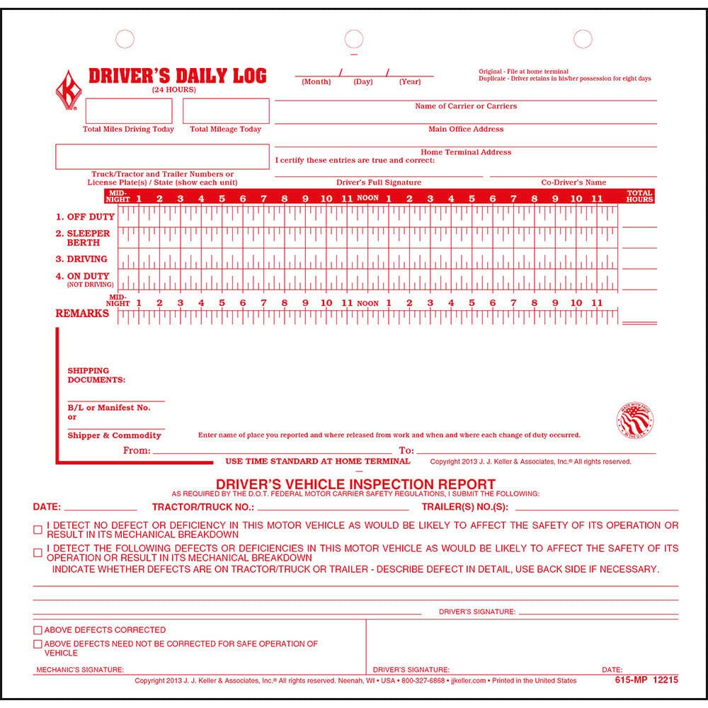 Mid-Size Driver Daily Log 10-pk. with Simplified DVIR, 2-Ply Carbonless