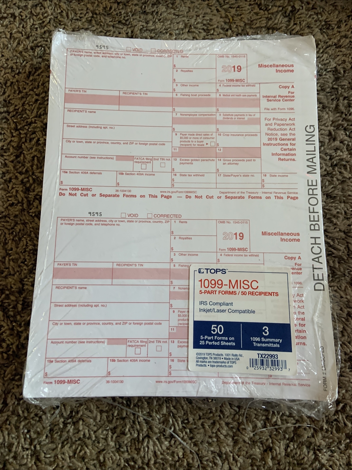1099 MISC 2019 50 With 3 1096 Copies Laser or Inkjet Printer NEW W/ALL PART 2lot
