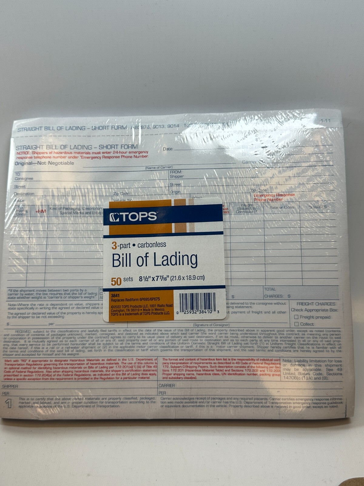 Tops 3841 Bill of Lading 3 Part Carbonless 8 1/2″ x 7 7/16″ 5 packs/Box – NEW