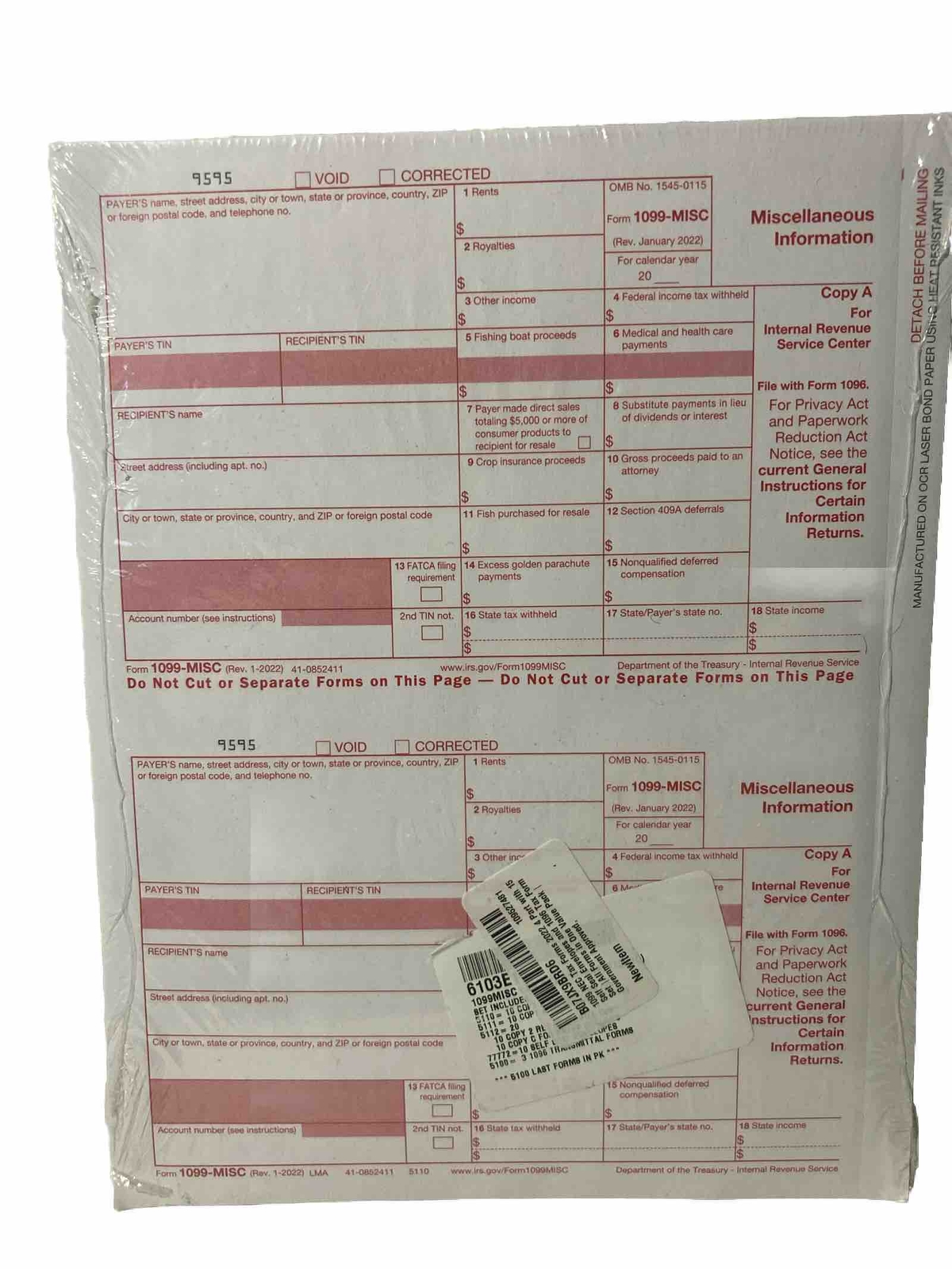2022 IRS Tax Form 1099-MISC Laser 4 recipients+(1)1096, 4pt 10 Env (Sealed pkg)