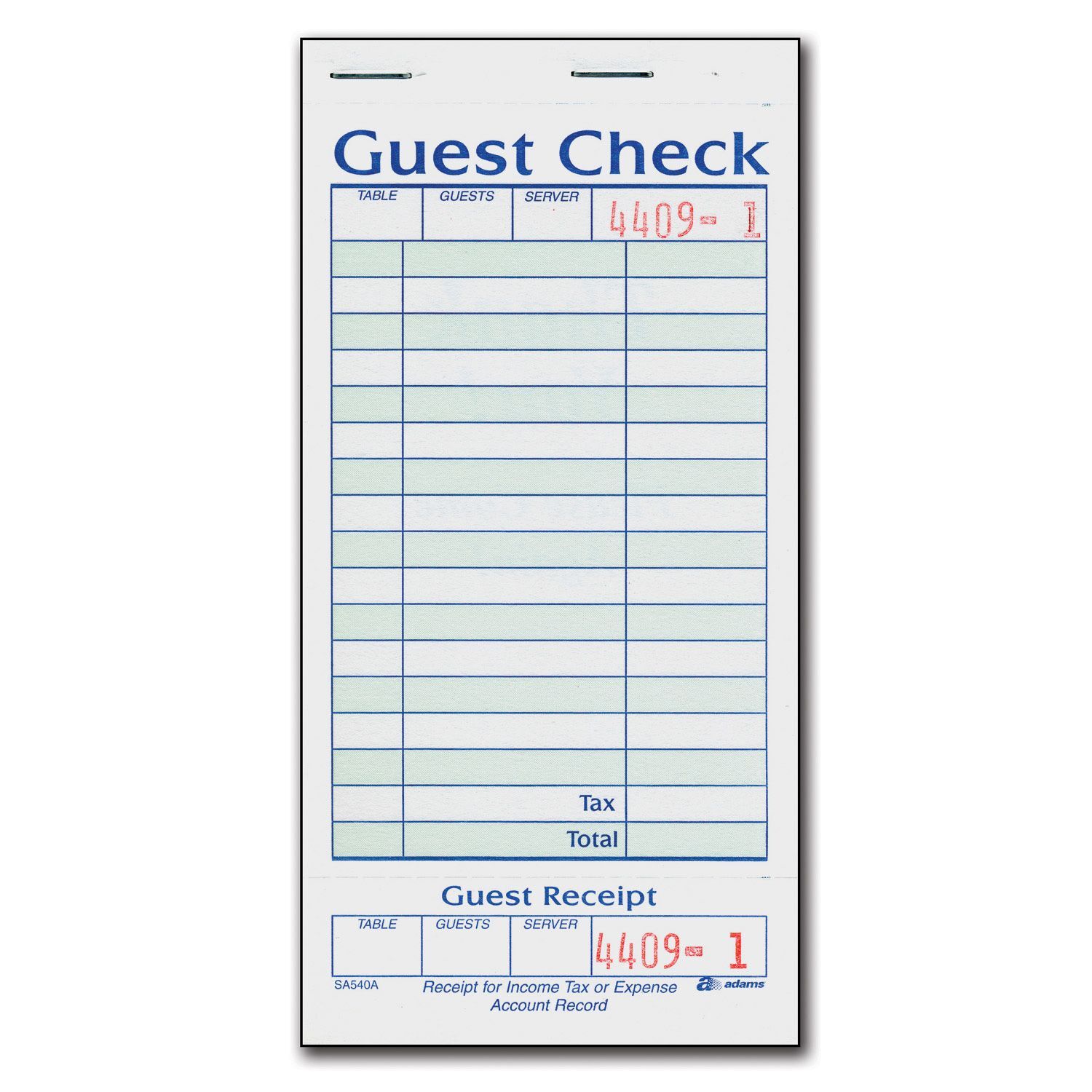 1-Part Guest Check with Stub – 20 books/50 Checks