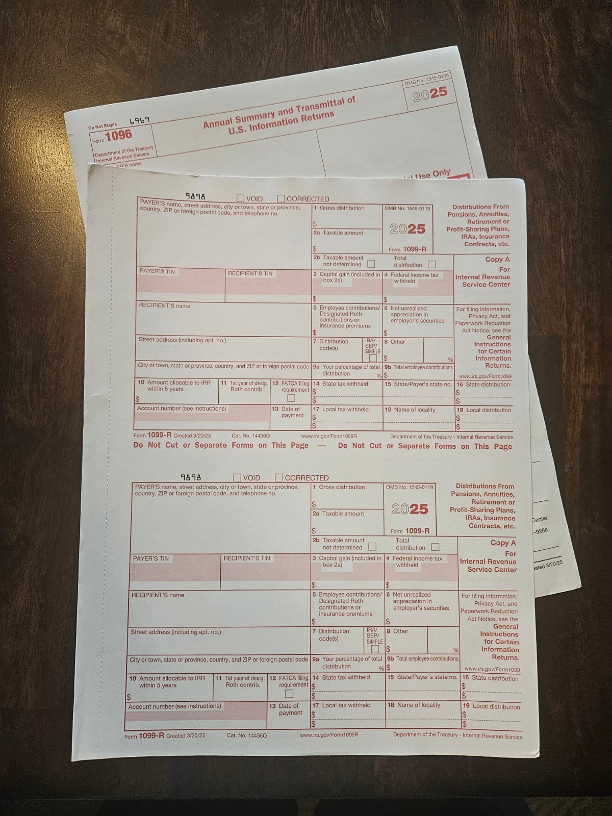 2025 IRS Tax Form Four 1099-R LASER and 1 Form 1096 NO ENVELOPES