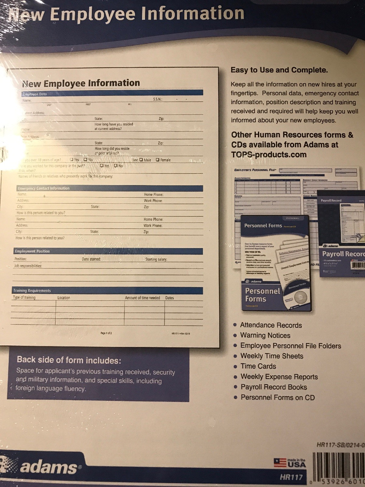 Adams New Employee Information Forms, 50 Forms, HR117