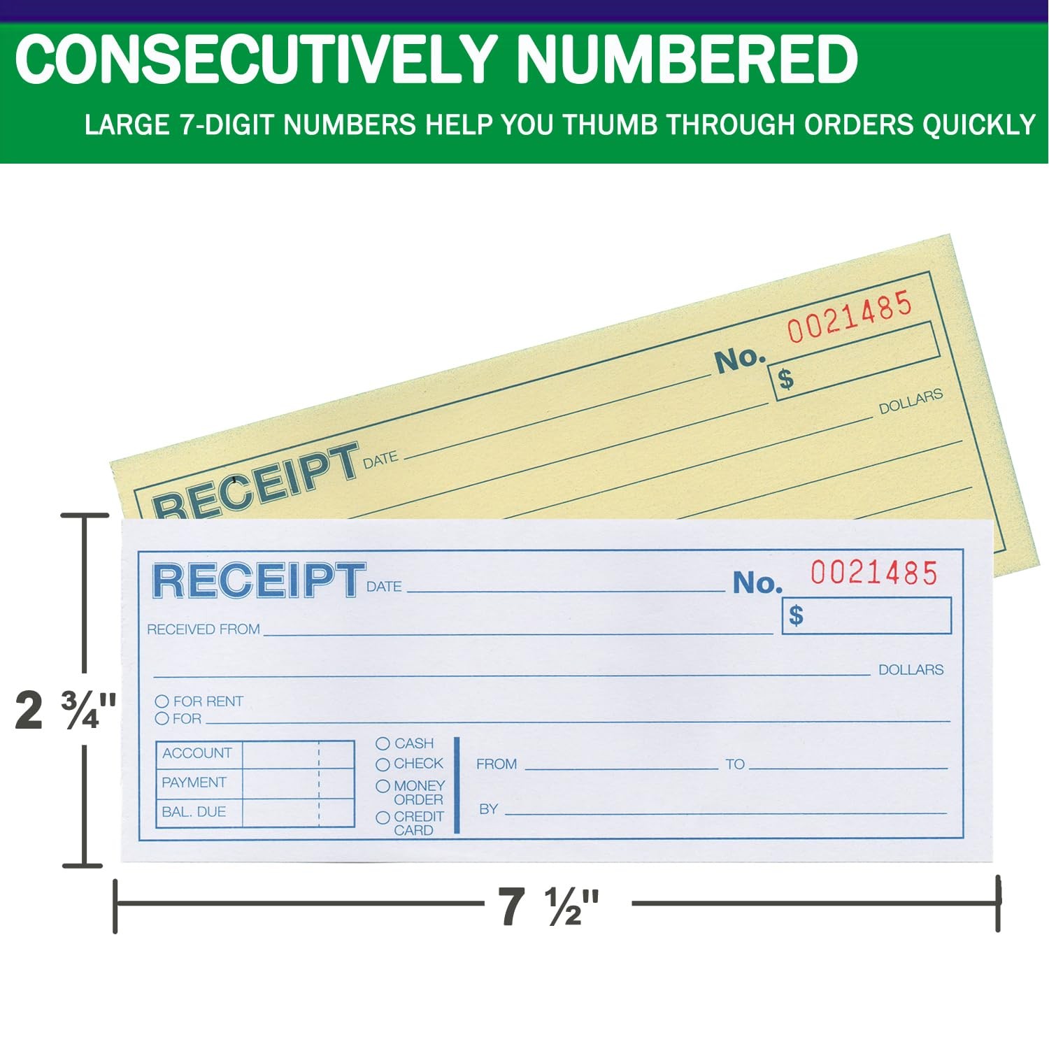 Money or Rent Receipt Book, 50 Sets 7 1/2″ x 2 3/4″ 2-Part Carbonless, White…