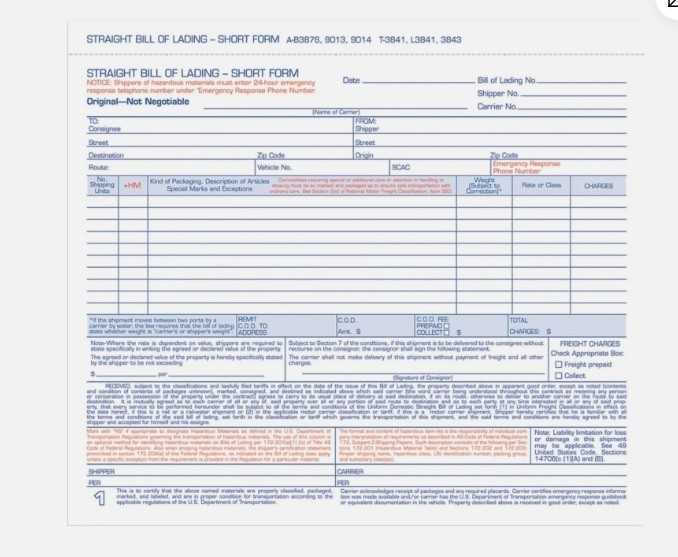 Adams Bill of Lading Short Form, 8-1/2 x 7-7/16 Inches, White, 3-Part, 250-Count