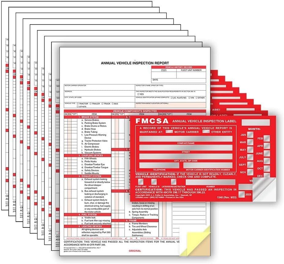 J. J. Keller 10-Pack, Annual Vehicle Inspection Report Form & Red FMCSA Label Al