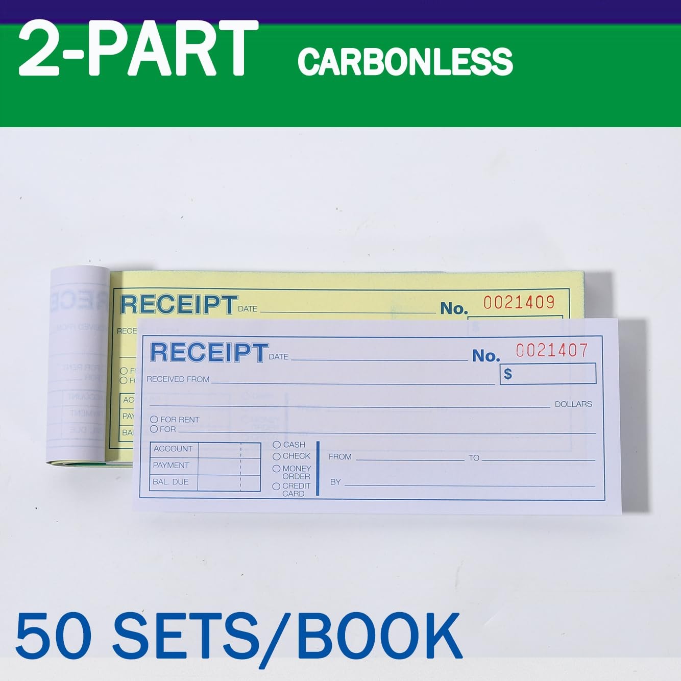Money or Rent Receipt Book, 50 Sets 7 1/2″ x 2 3/4″ 2-Part Carbonless, White…