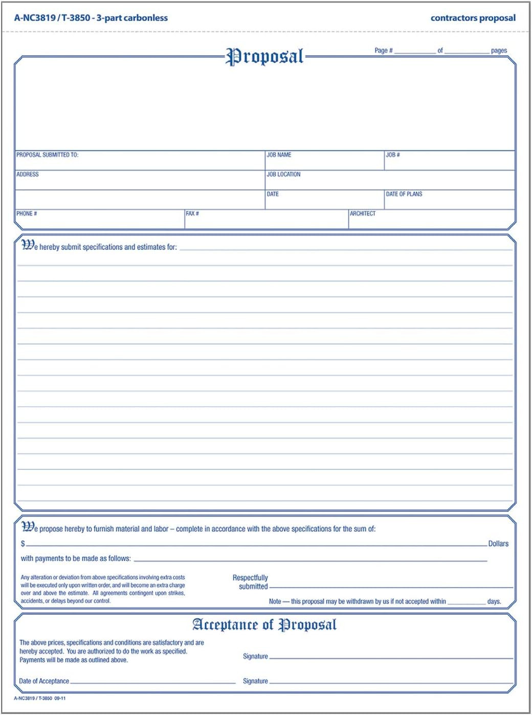 Contractor’S Proposal Forms, 8.5 X 11.44 Inch, 3-Part, Carbonless, 50-Pack, Whit