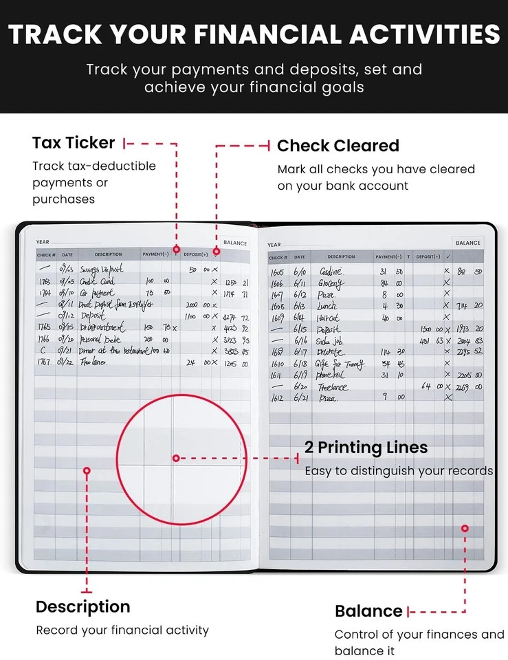 Hardcover Check Register for Personal Checkbook Ledger Transaction Logbook