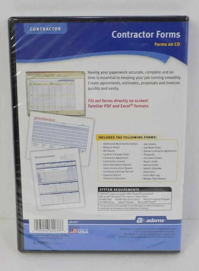 Adams Contractor Forms on CD SS4301 Windows & Macintosh PDF And Excel Sealed