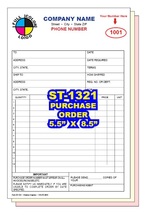 PURCHASE ORDER 2, 3 or 4 Part Carbonless Forms