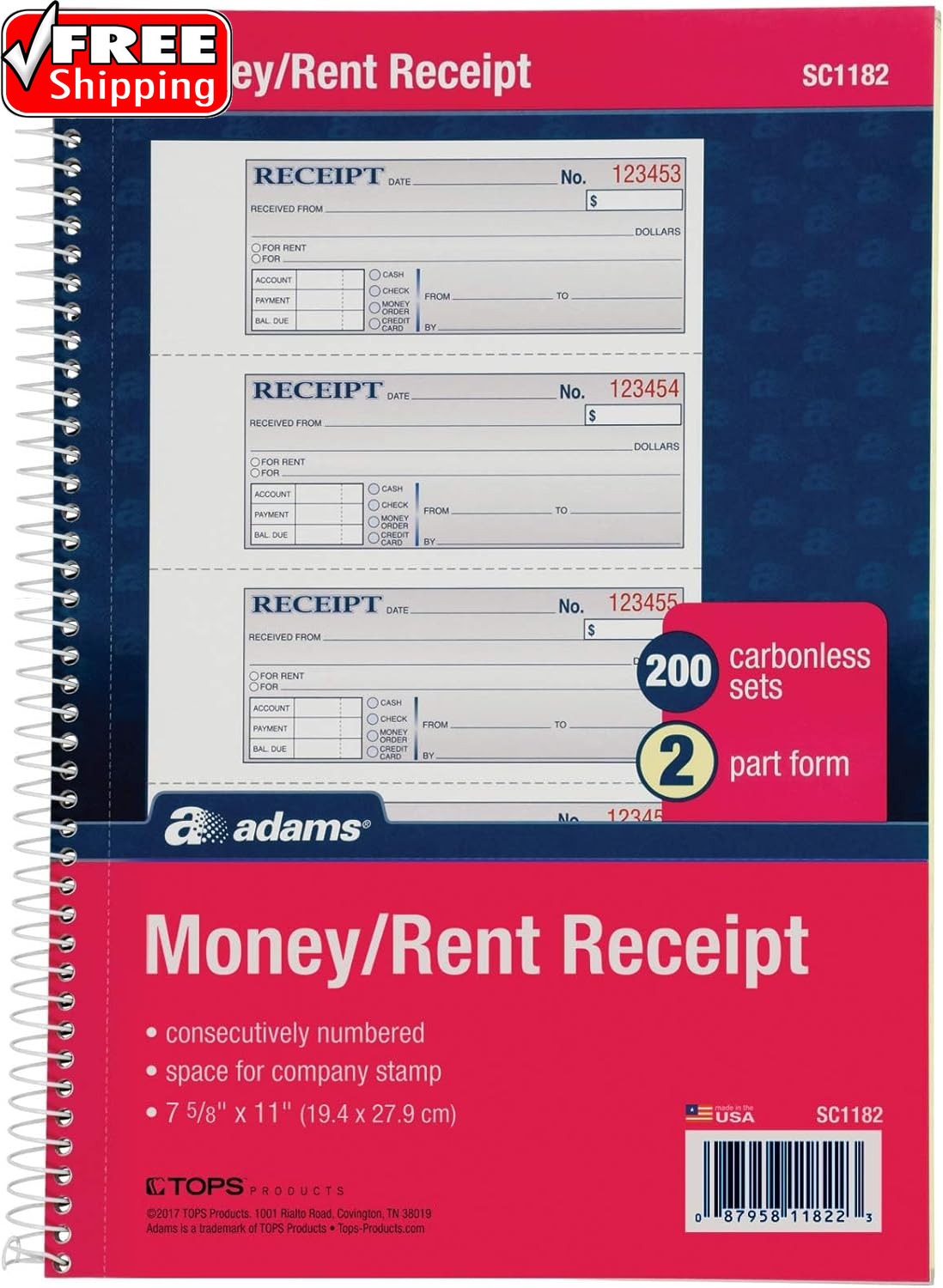 Money and Rent Receipt Book, 2-Part Carbonless, 7-5/8″ X 11″, Spiral Bound, 200