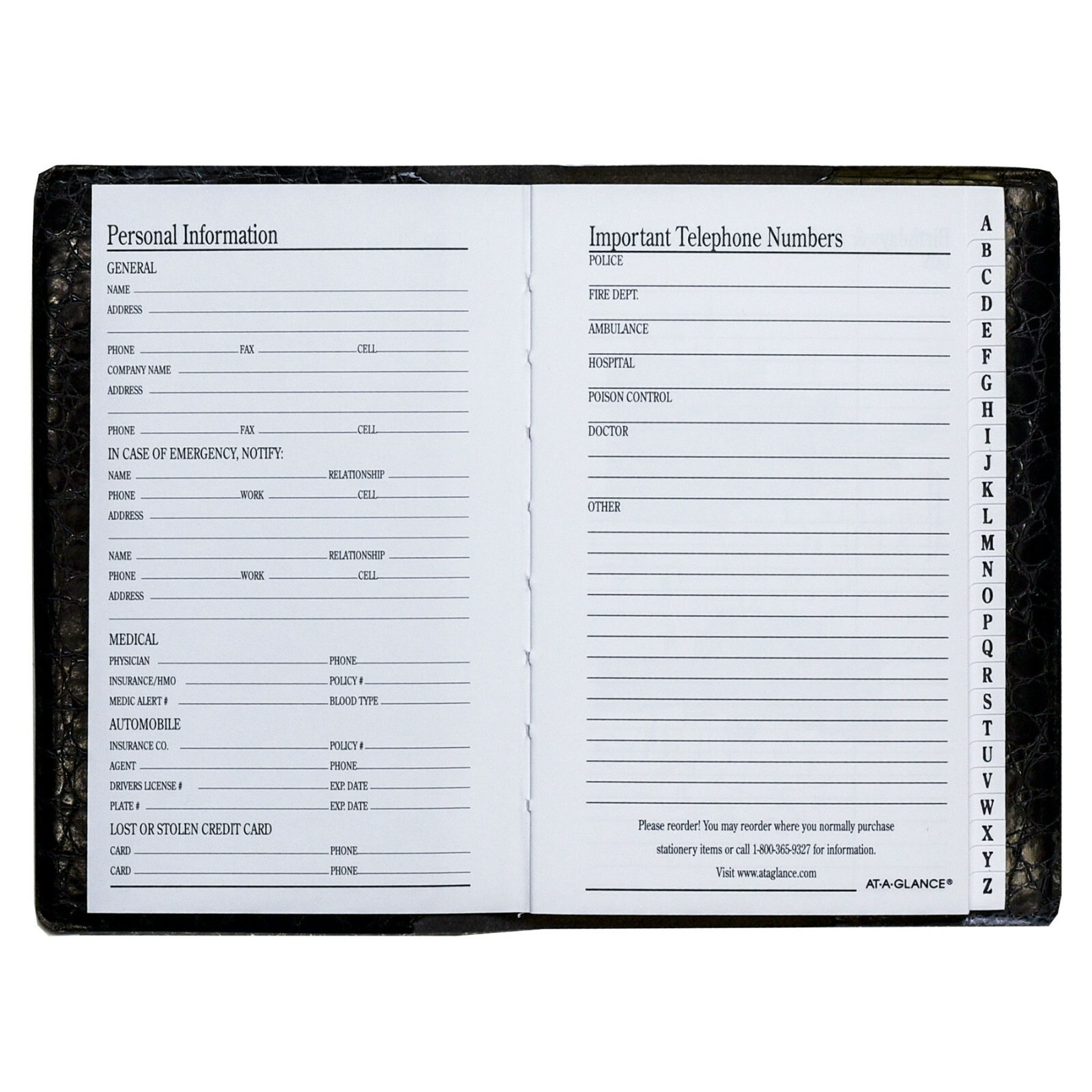 At-A-Glance 80-402 Telephone Address Book 4 x 6-1/8″, Black Faux Crocodile Cover