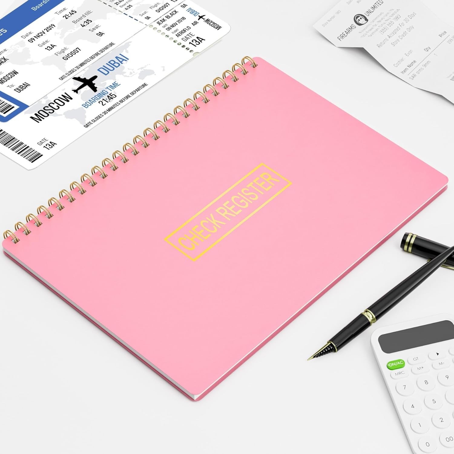 Financial Tracker Check Register Pink 100 Pages with Calendar and Receipt Pocket