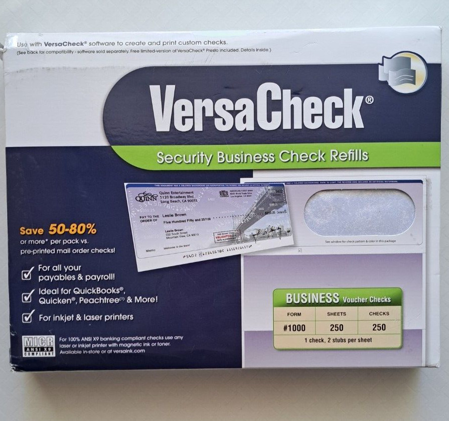 VersaCheck 1000 Blue Classic Top Voucher Security Computer Checks 250 Sheets NEW