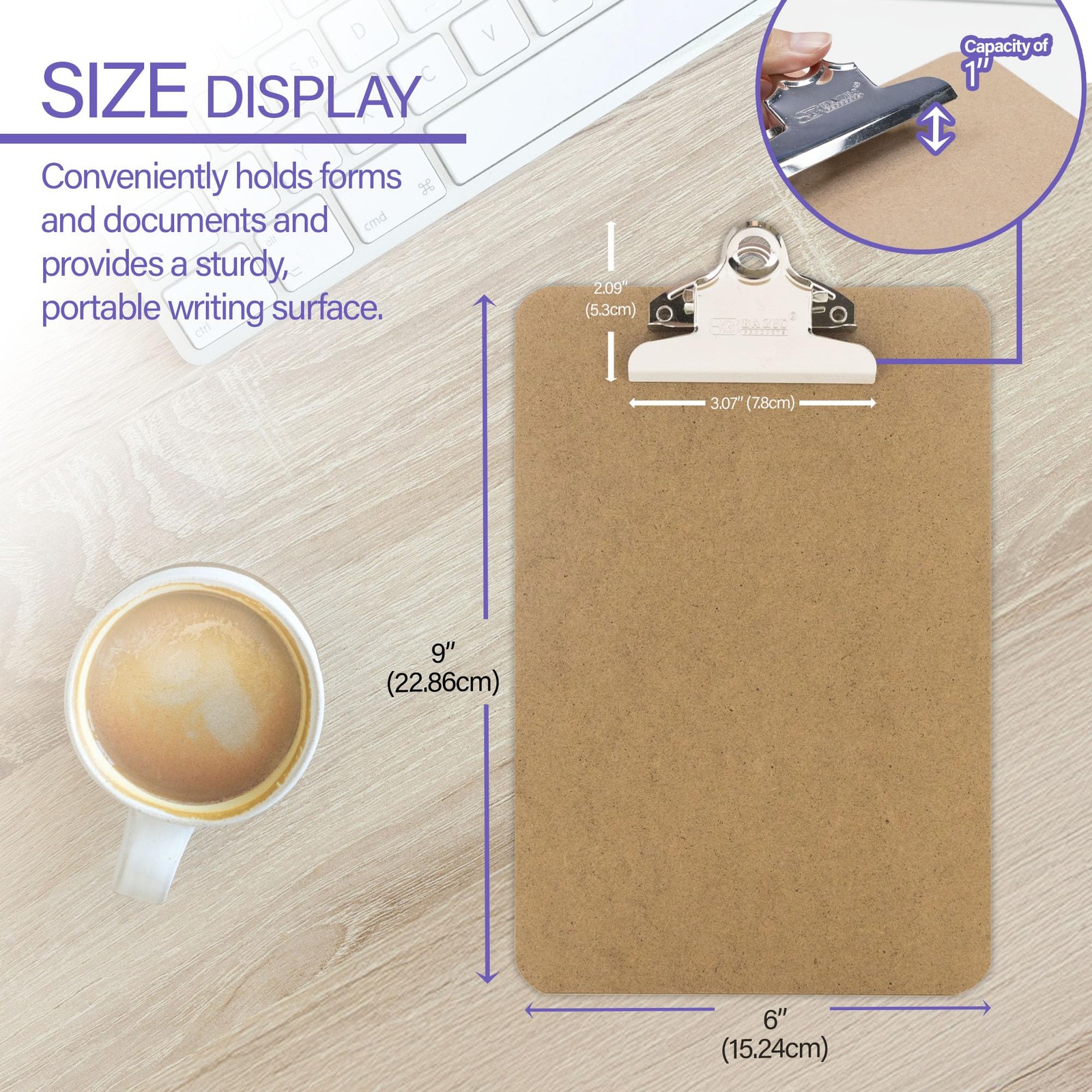 BAZIC Memo Size Hardboard Clipboard w/Sturdy Spring Clip 1-Pack, Wood