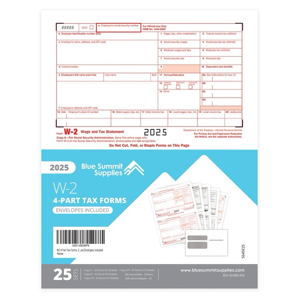 2025 Blue Summit Supplies Tax Forms, W2 4-Part Tax Forms Kit, 25 Forms