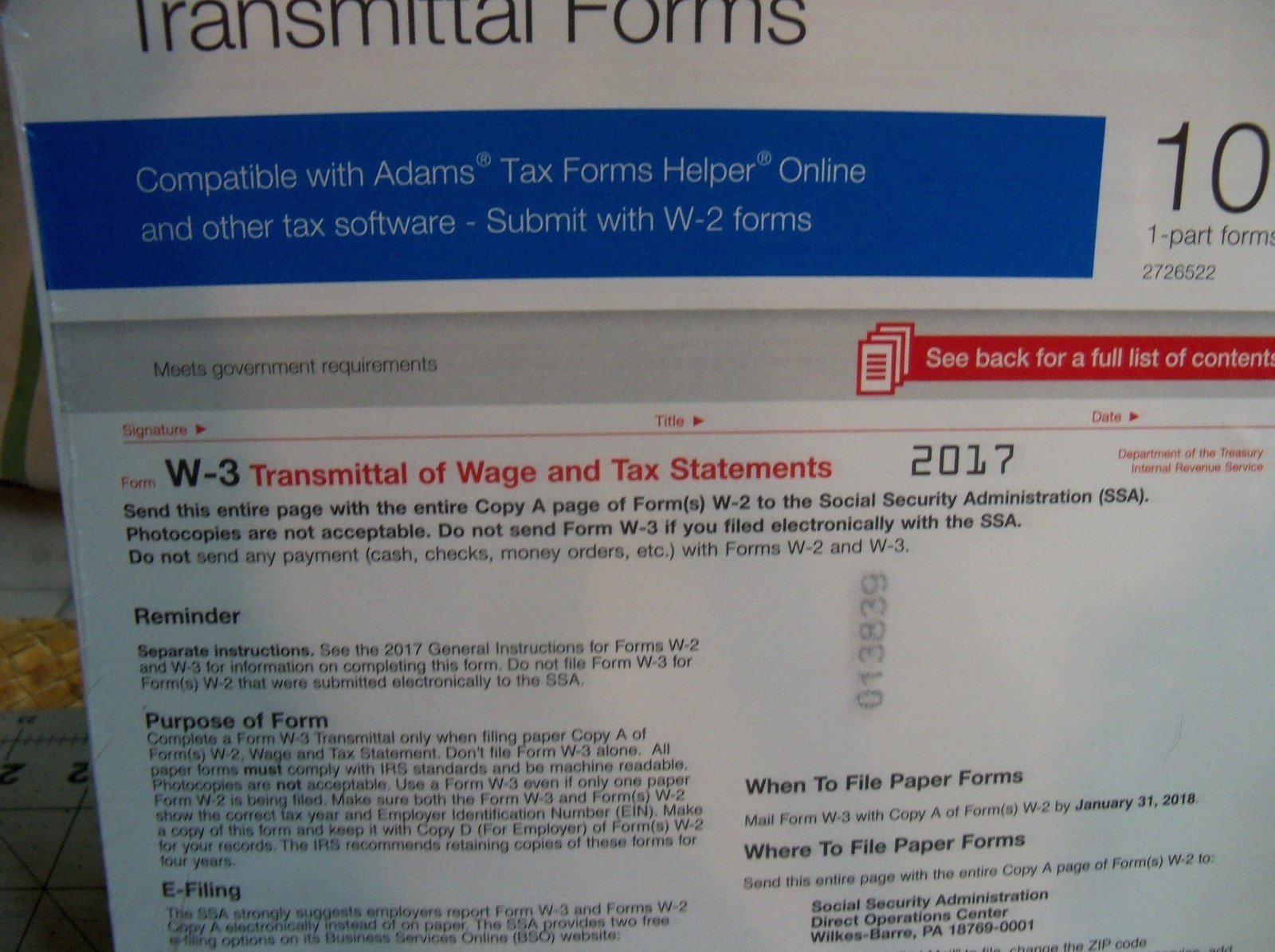 2017 Staples W-3 Summary Transmittal Forms 10 1-part Forms per Package USA