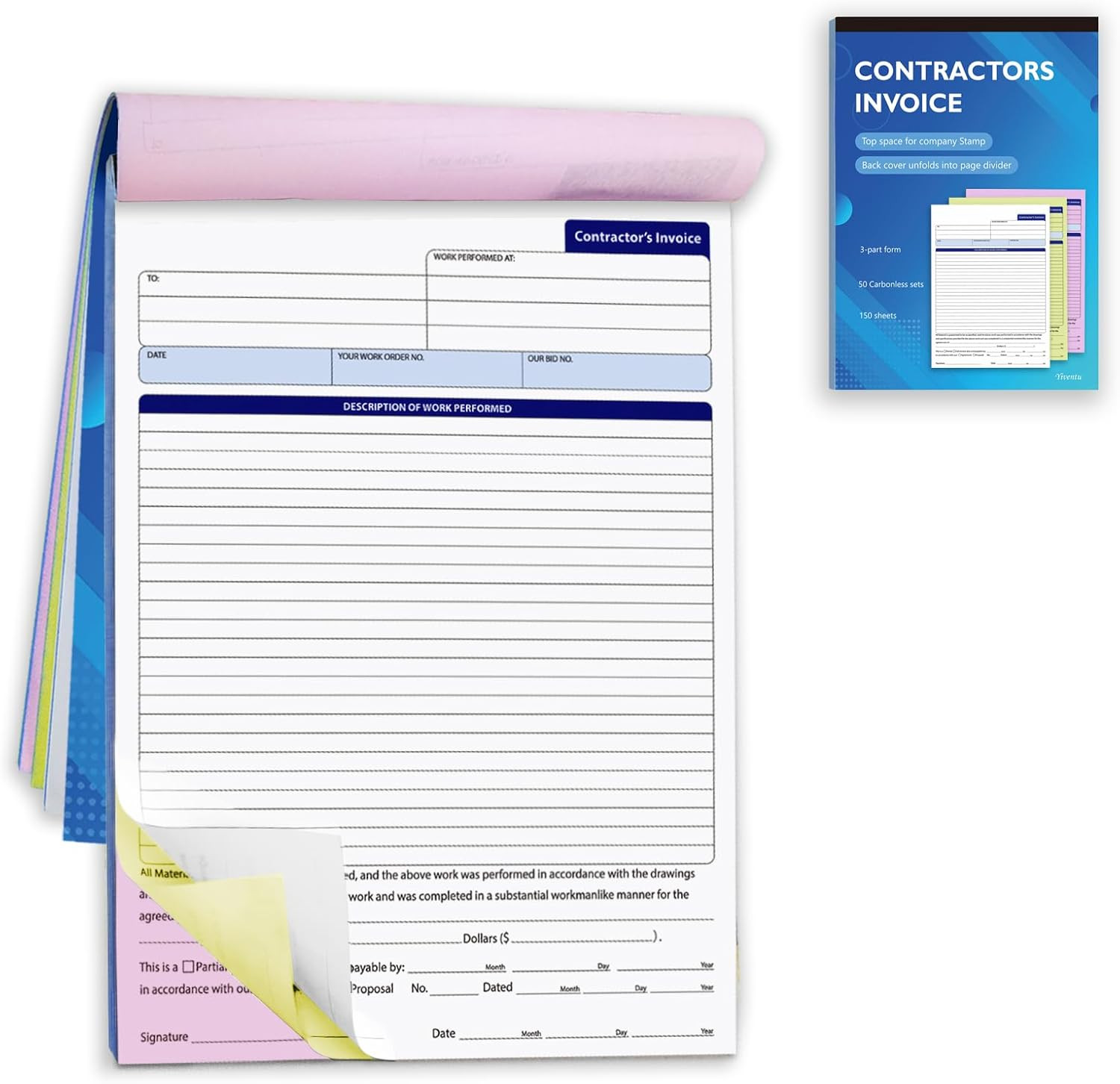 Contractor Invoice Book, 3 Part Carbonless Forms, Work Order Estimate Book