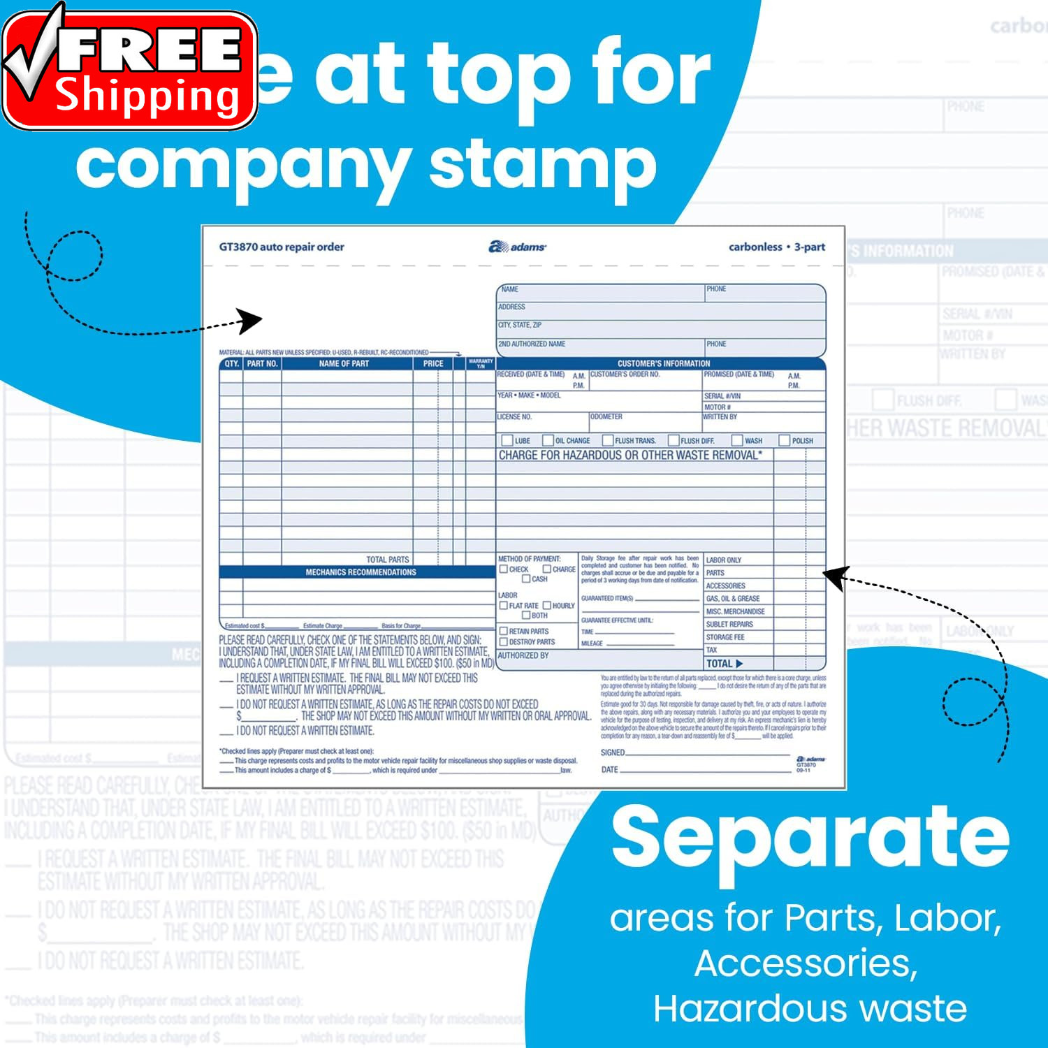 Auto Repair Order Forms, 8.5 X 7.44 Inch, 3-Part, Carbonless, 50-Pack, White and