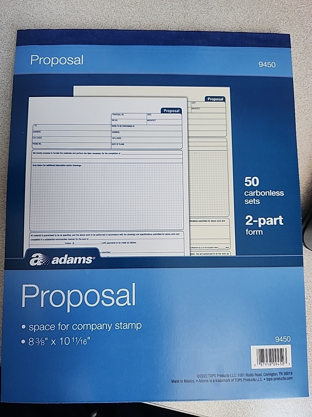 Adams 2 part Contractor Proposal Forms 50 Carbonless Sets
