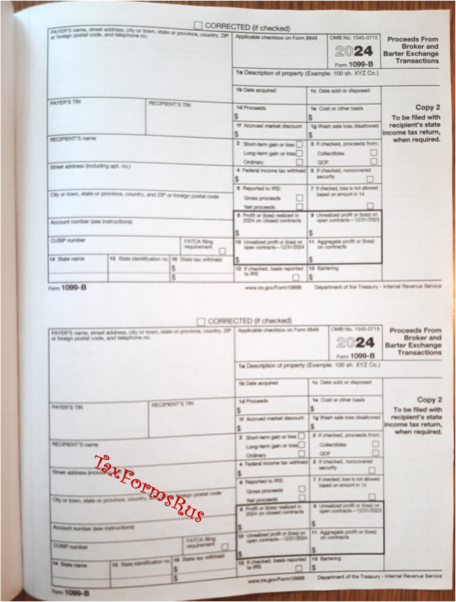 2024 IRS Tax Form 1099-B single sheet set for 2 recipients NONcarbonless 4pt 2up