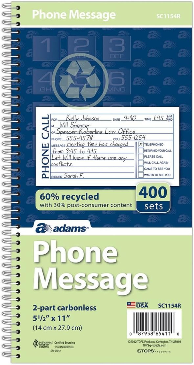 Adams Recycled Phone Message Book, 2-Part Carbonless, 4 Messages per Page, 400
