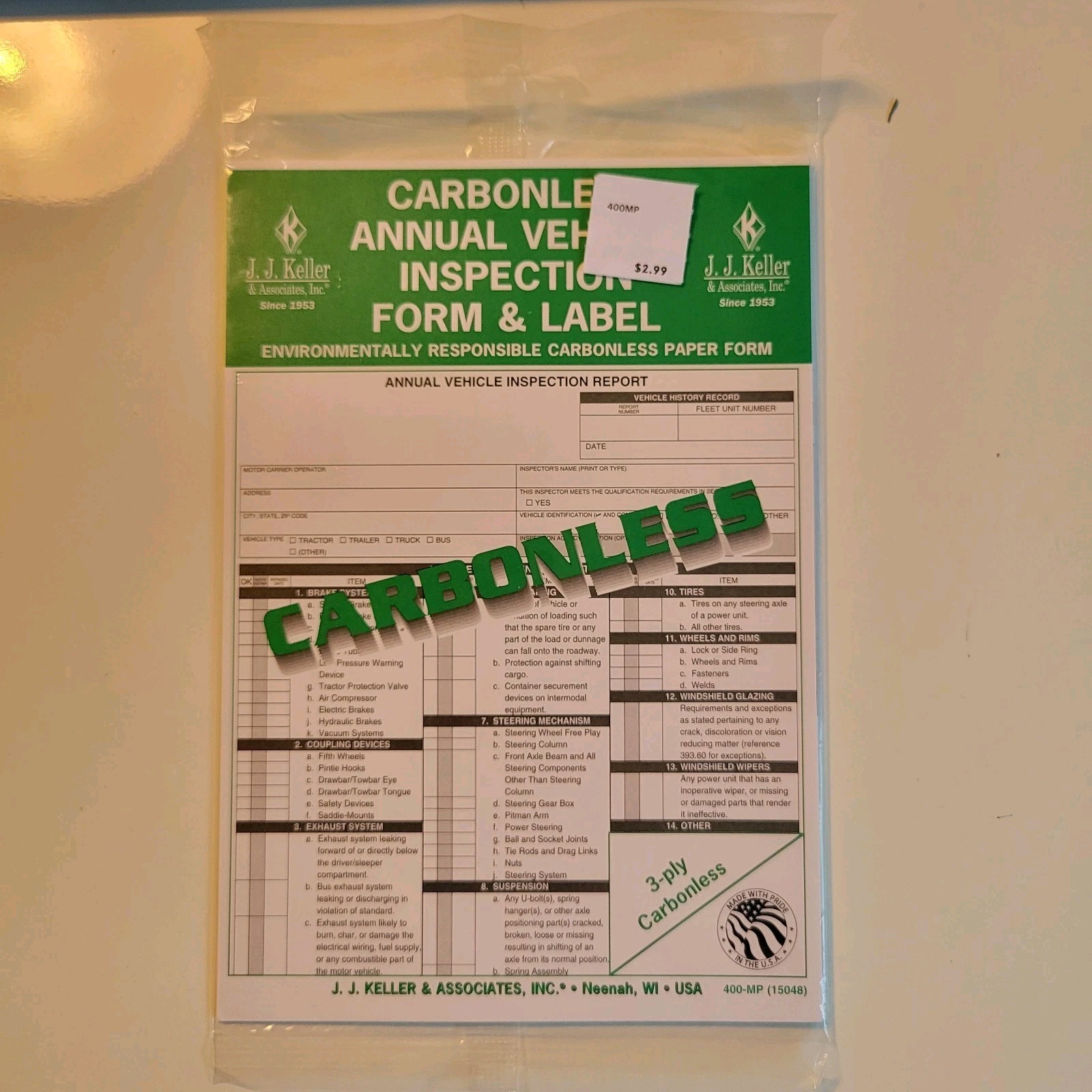 JJ Keller 15048 (400MP) Carbonless Annual Vehicle Inspection Form & Label