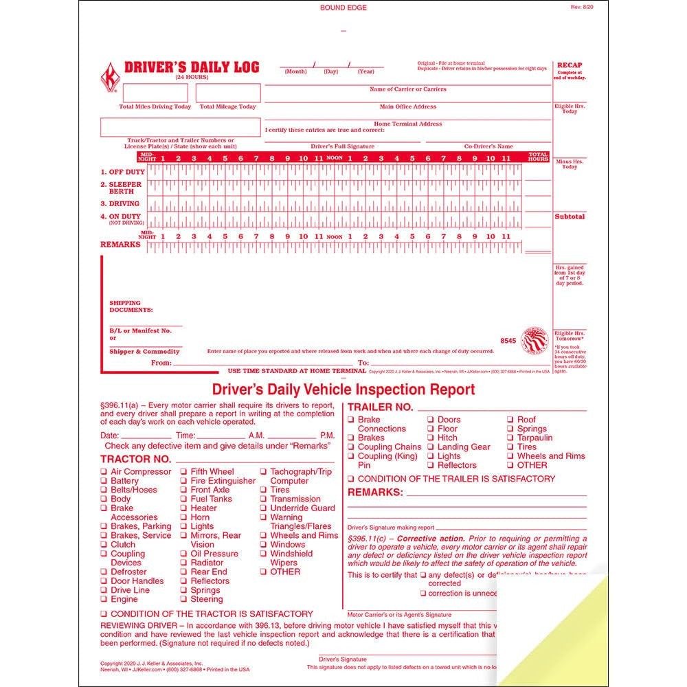 J. J. & Inc. 2-In-1 Driver Daily Log 10-Pk. Detailed Driver