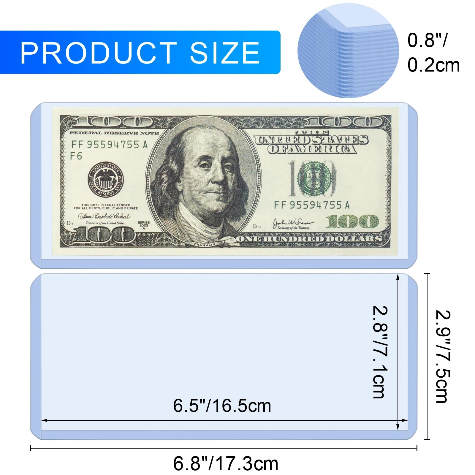 30 Pack Dollar Bill Sleeves – 6.8″ x 2.9″ Clear Currency Sleeves, Hard Blue