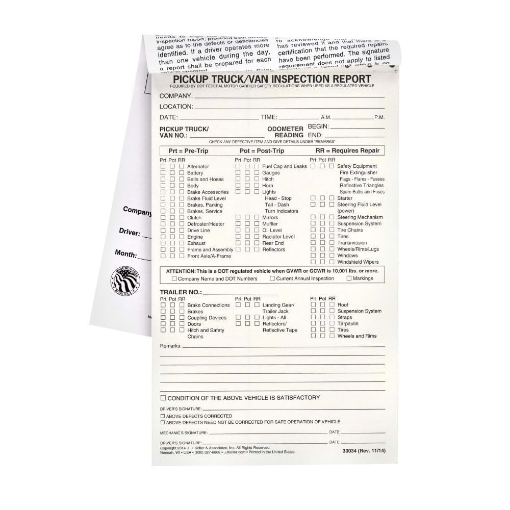 Pickup Truck/Van Vehicle Inspection Report 5-pk. – Book Format with 31 Sets, …