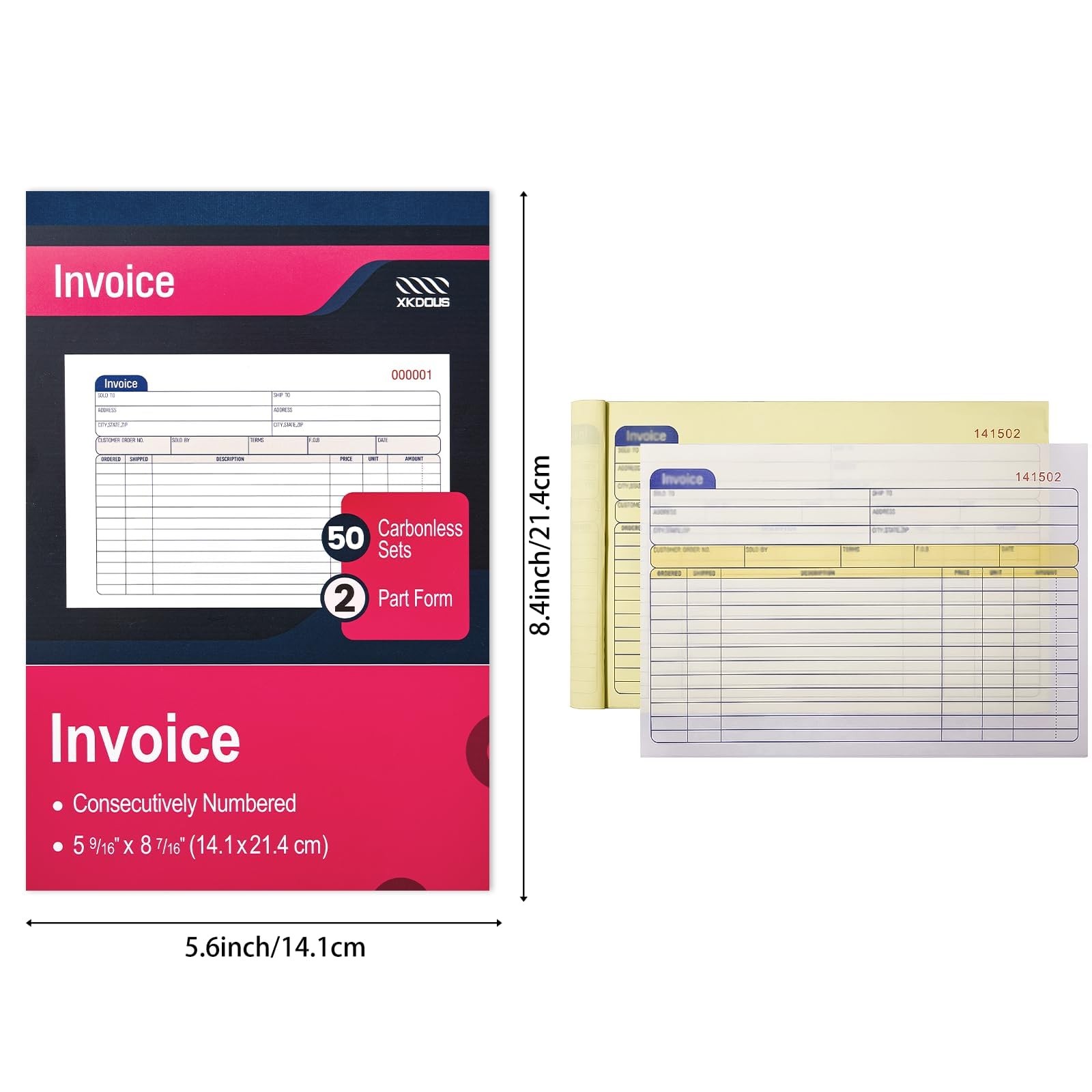2 Pack Invoice Book, 2-Part Carbonless, 5-9/16″ x 8-7/16″ Invoice Receipt Boo…