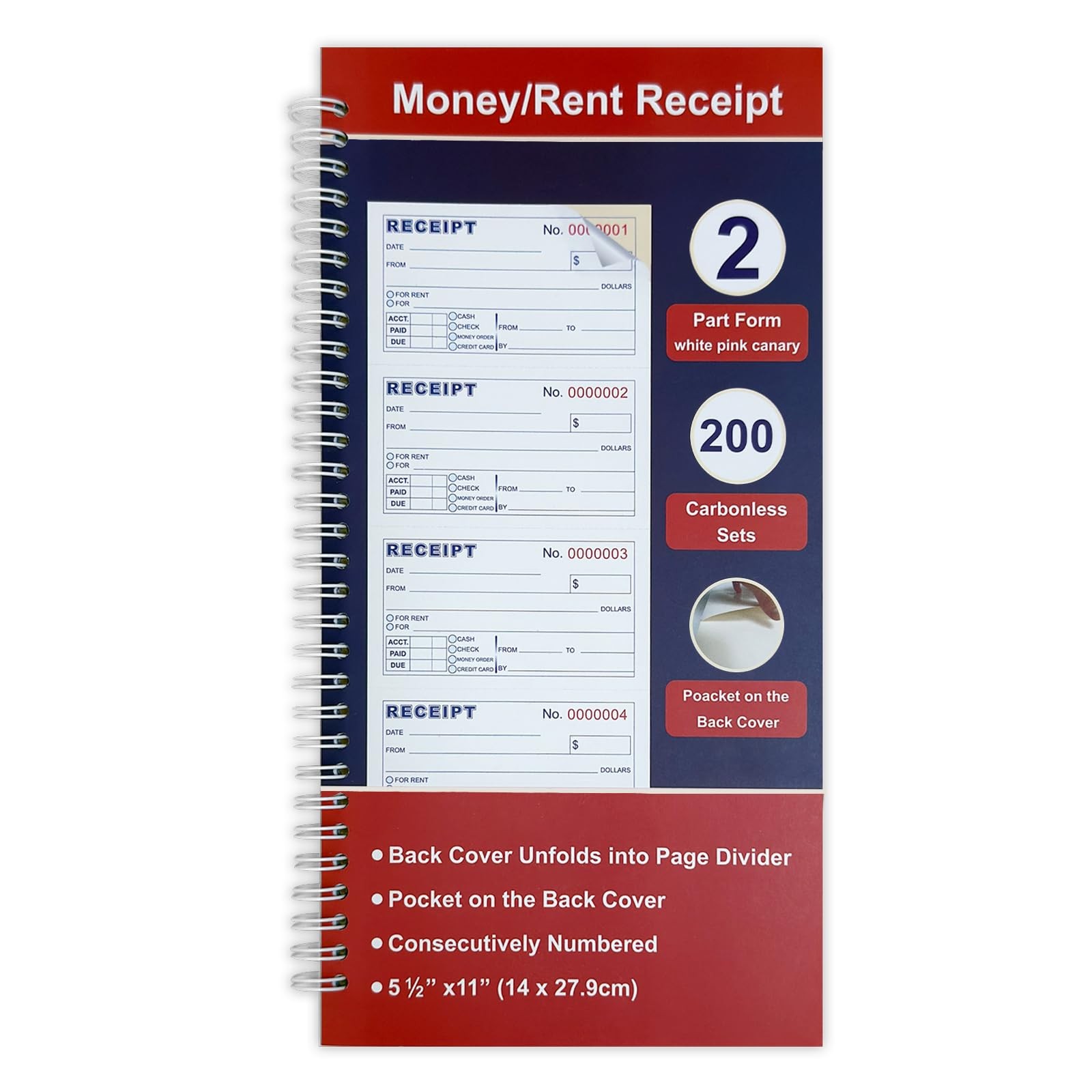 Money and Rent Receipt Book 2-Part Carbonless 5-1/2″ x 11″ Spiral Bound 200…