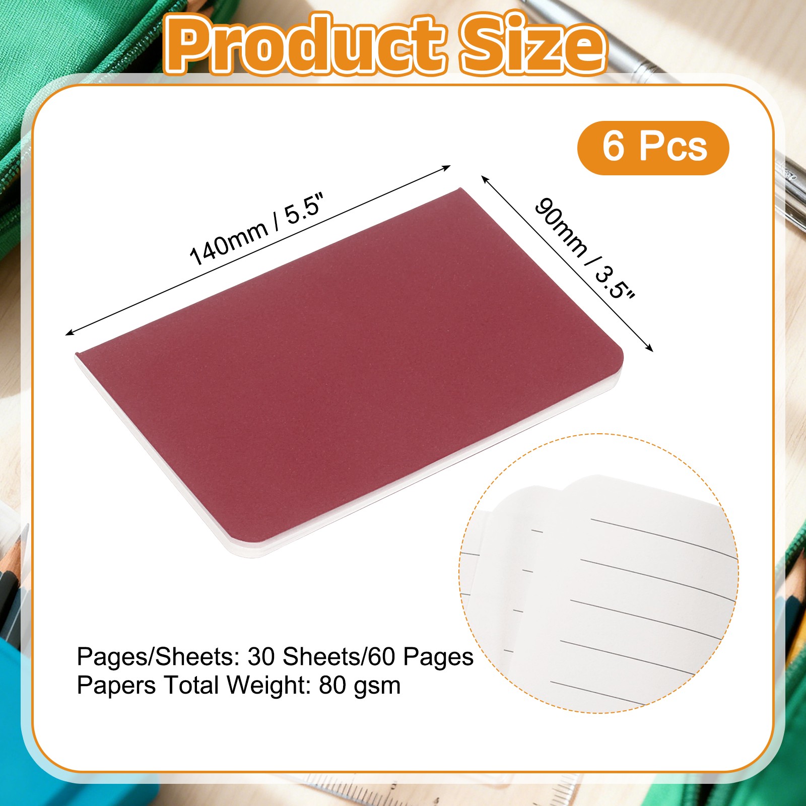 6 Pack A6 Notebook, A6 Journal Mini Notebook Pocket Kraft,Wine Red