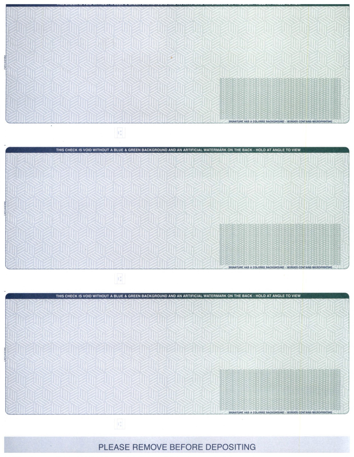 3-Up Computer Printerable Check Stock Blue Green Diamond 950 Sheets