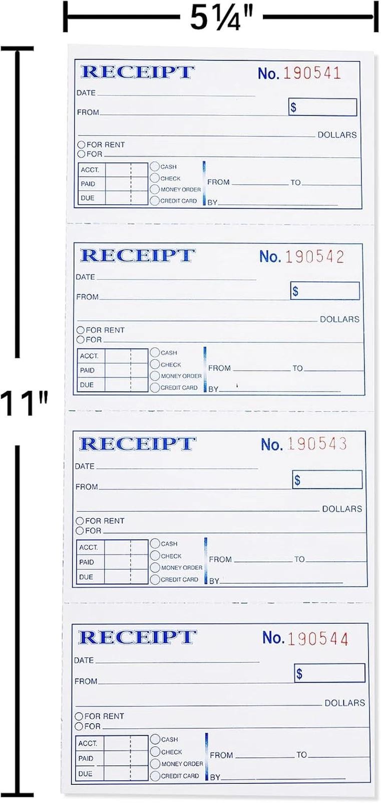 Receipt Book with Carbon Copies, 2-part Carbonless, 100 Sets Per Book, 4 Receipt