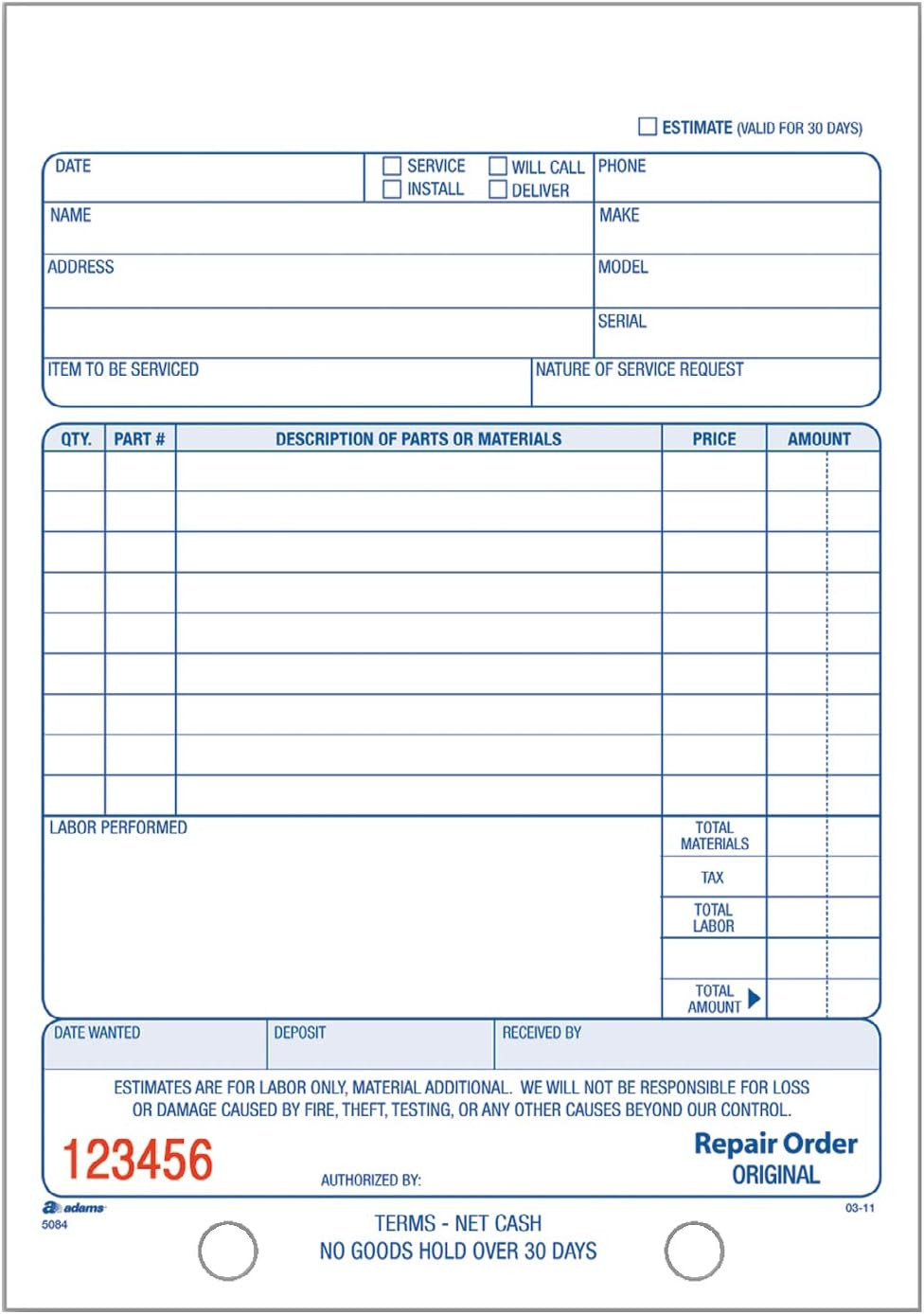 Adams Repair Order Book, 3-Part Carbonless, White/White/White, 5-9/16 X 8-7/16 I