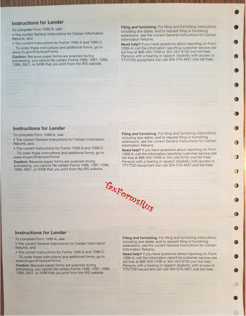 2022 IRS Tax Form 1099-A single sheet set for 3 borrowers, carbonless 3pt 3UP