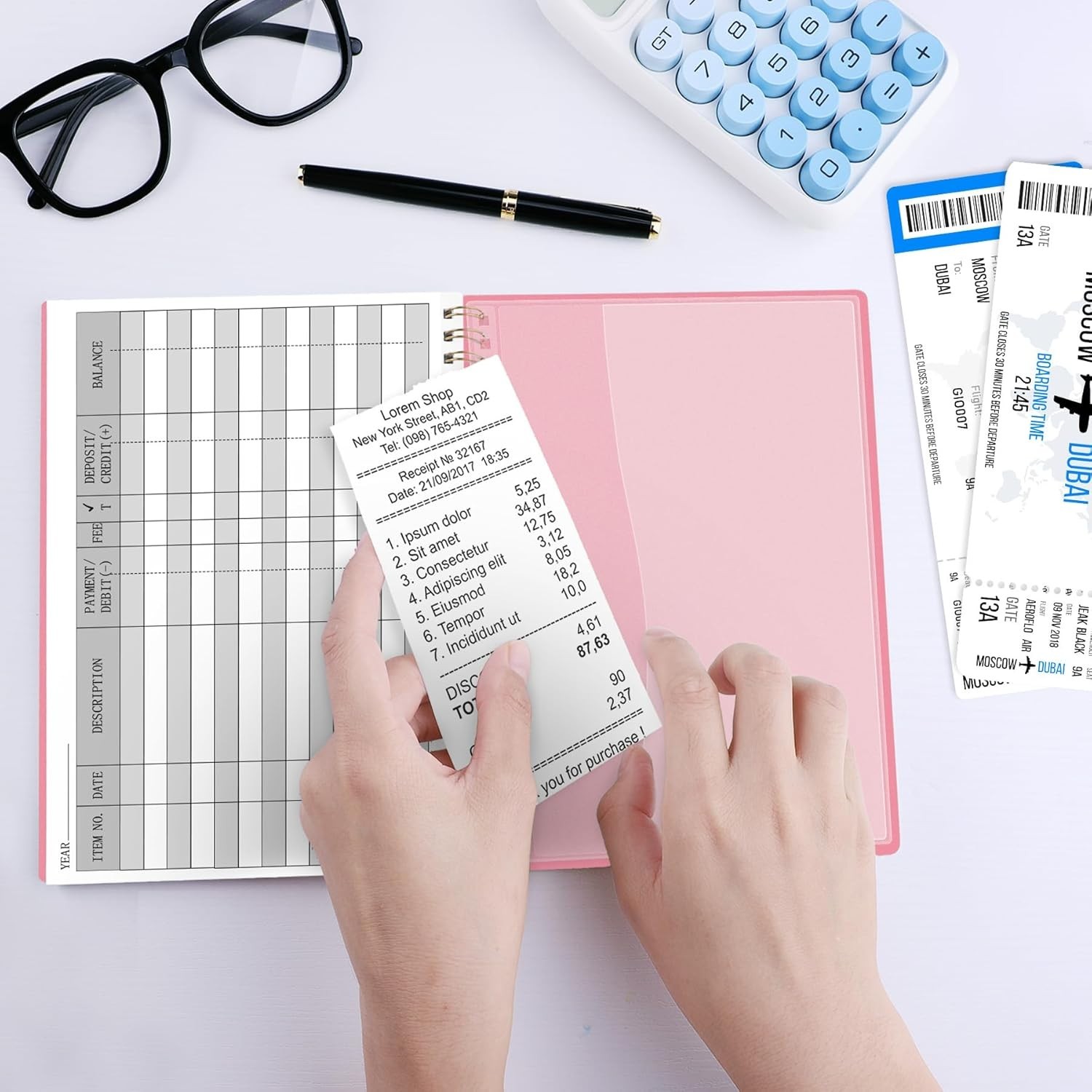 Financial Tracker Check Register Pink 100 Pages with Calendar and Receipt Pocket