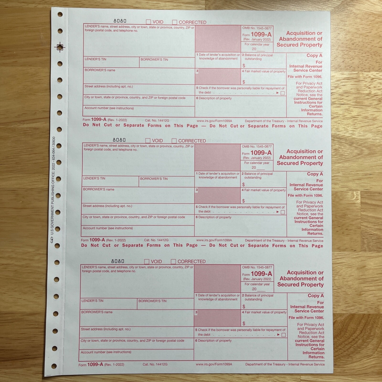 1099A 2022 IRS Form – Carbonless & Scannable – SAME DAY FREE & FAST SHIPPING!