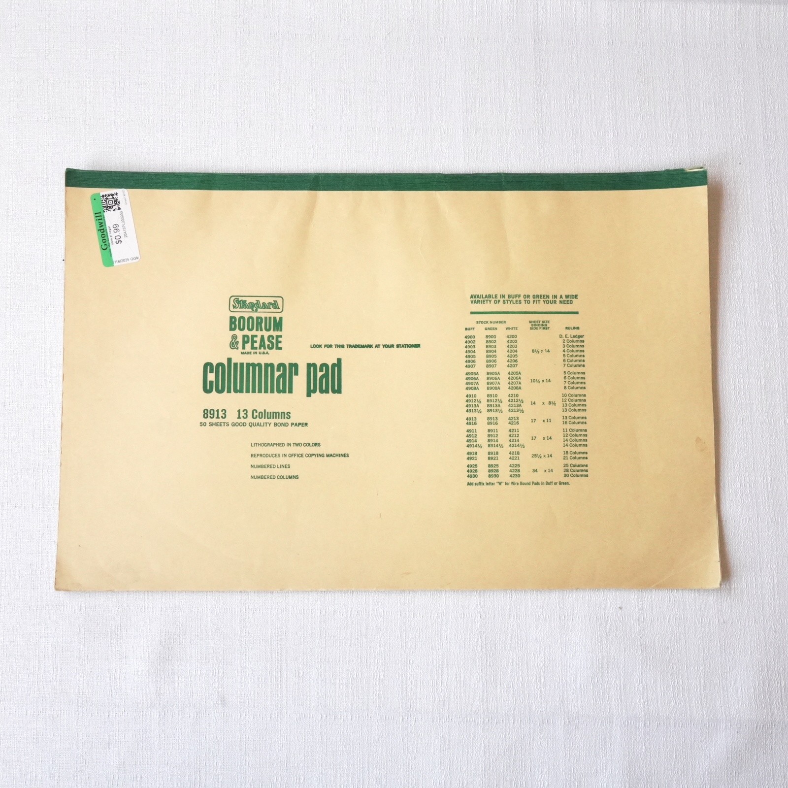 Vintage Boorum & Pease 8913 Columnar Pad 13 Column Ledger Accounting Sheets