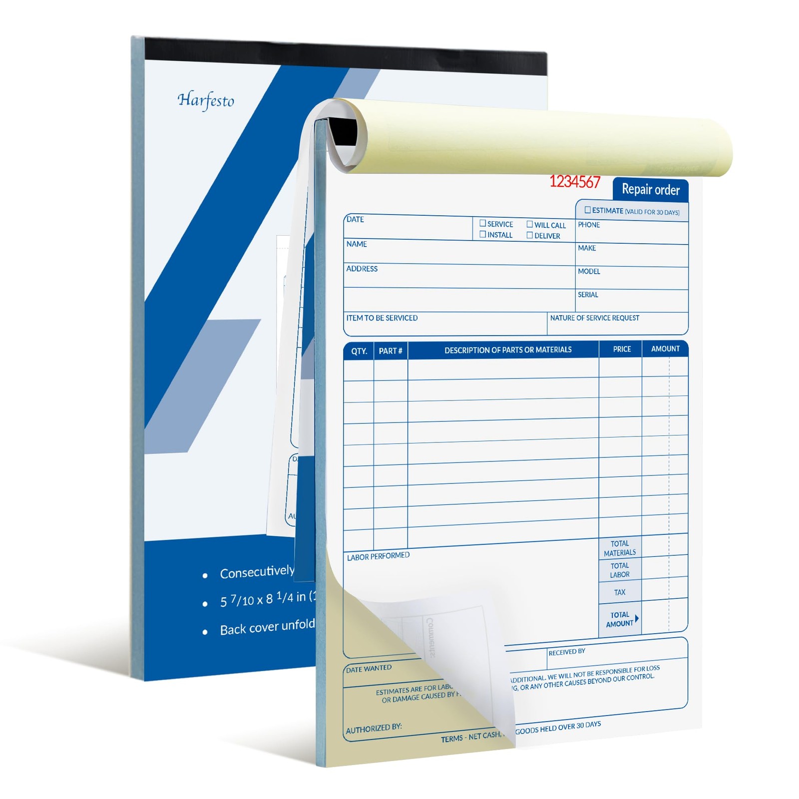Repair Order Book, 2 Part Carbonless Job Work Order Forms – White/Yellow, 5-7…