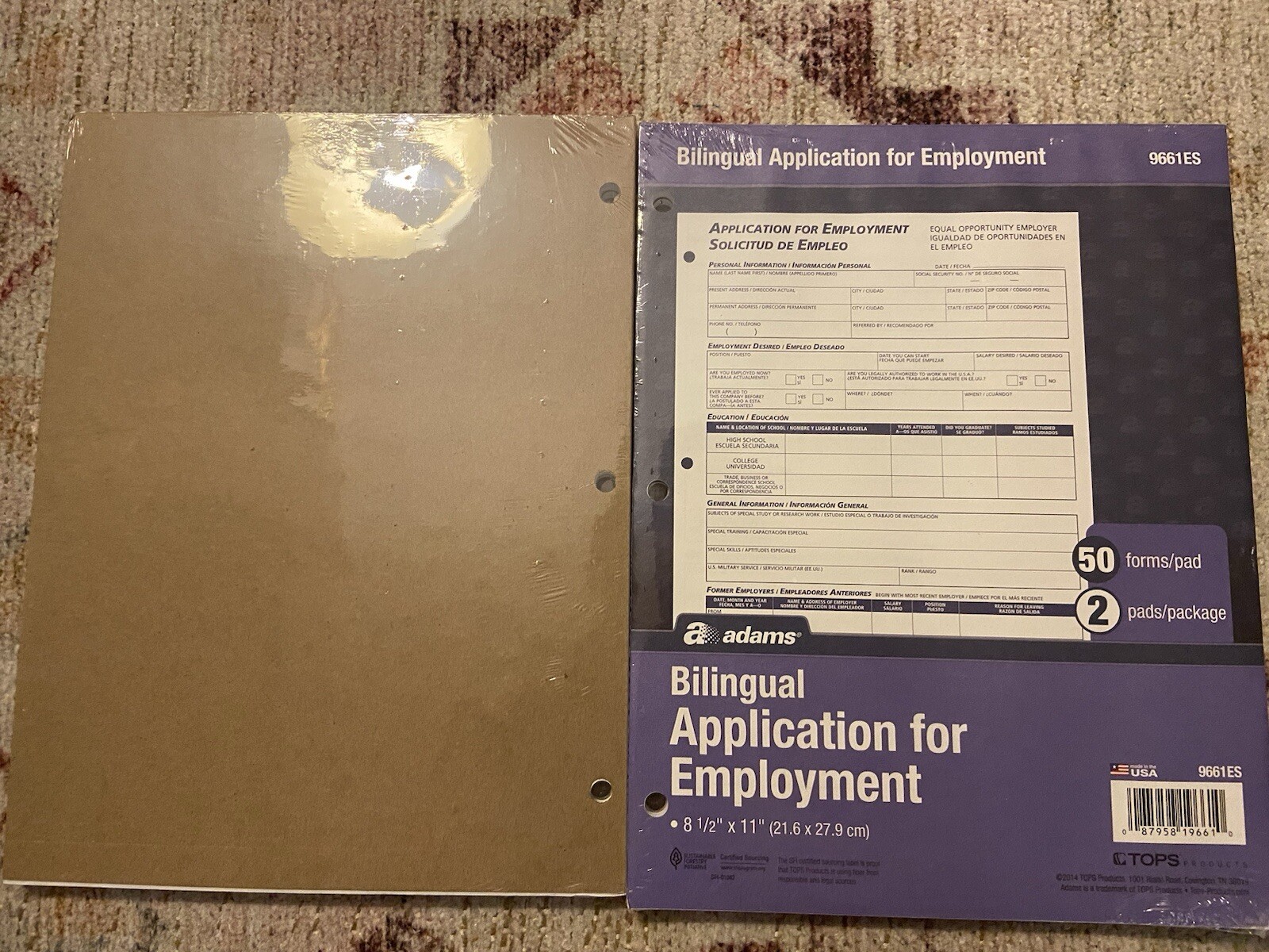 Adams 9661ES Bilingual Application for Employment, English/Spanish, Pack of 2 PK