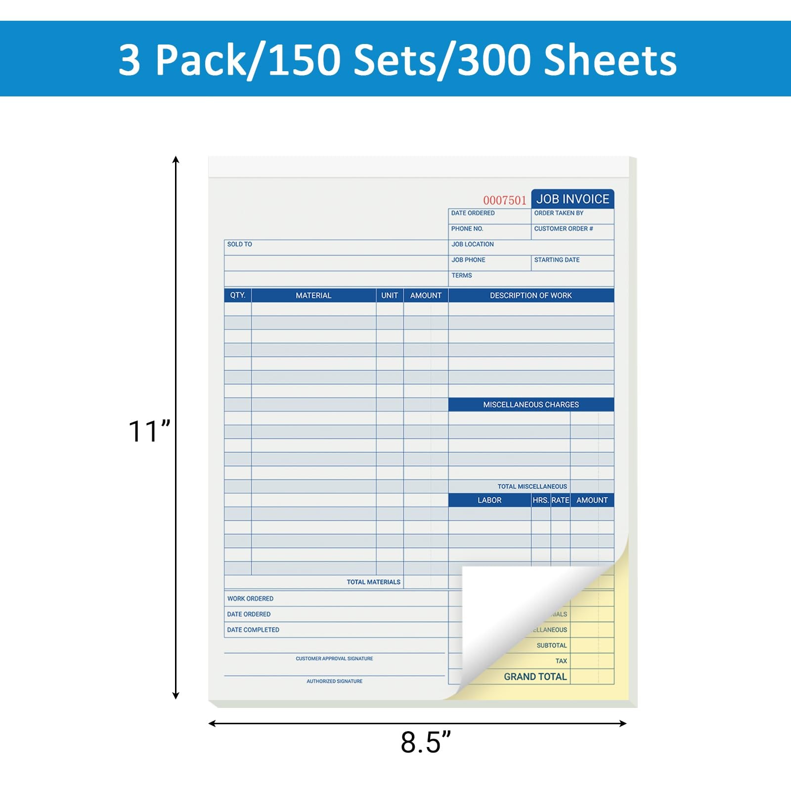 150 Sets Job Invoice Forms, 2 Part Carbonless, 8.5X11 Inch Numbered Labor and…